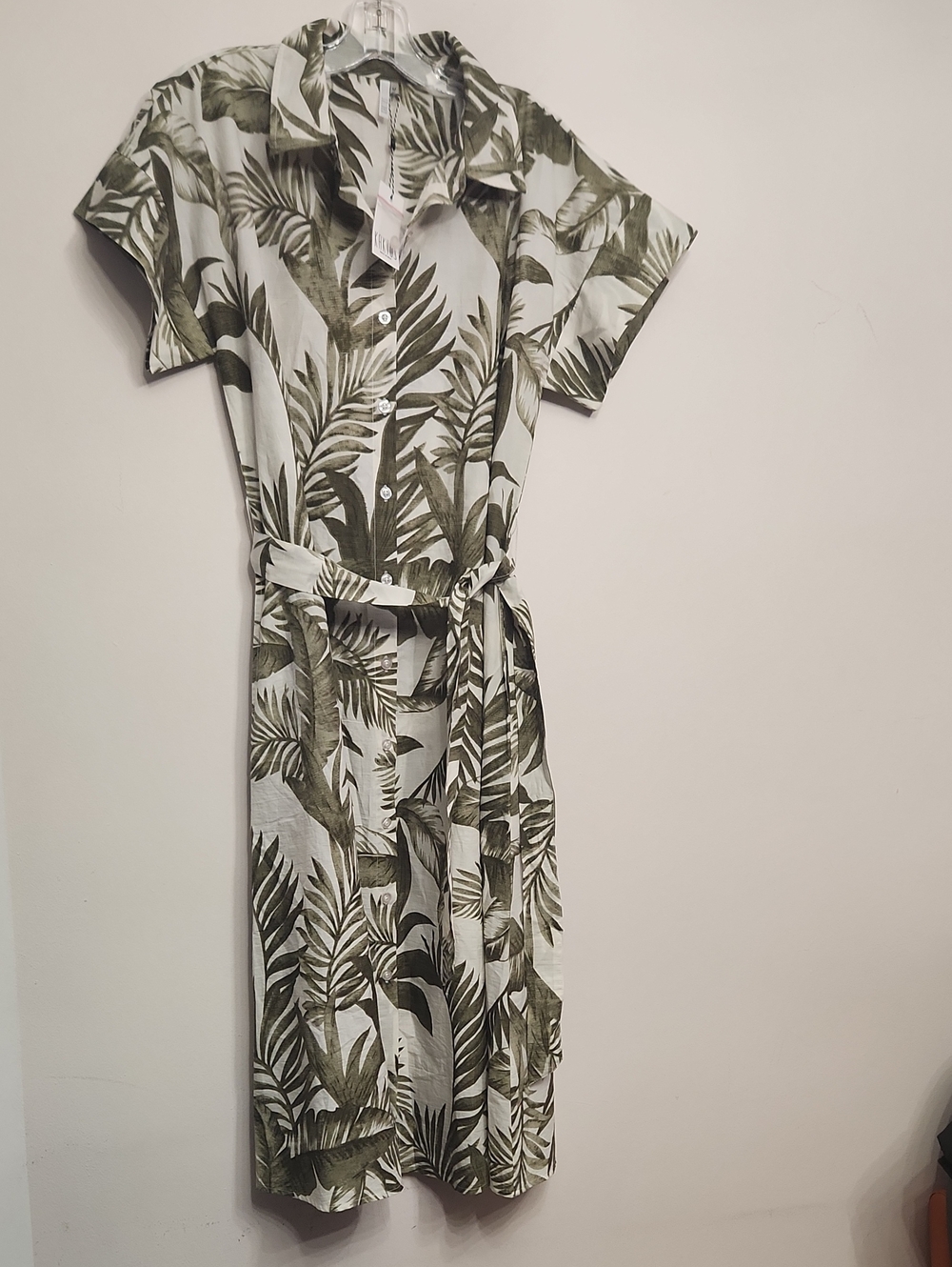 Kaktus Olive Green Cotton Tropical Print Midi Shirt Dress Size M